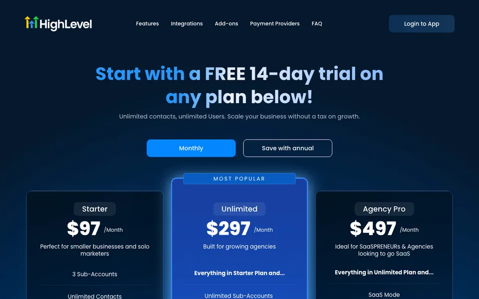 GoHighLevel pricing page showing Starter, Unlimited, and Agency Pro plans, compared against systeme.io