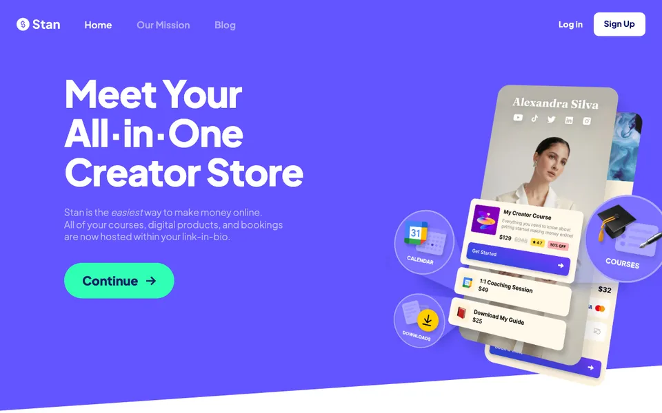 Stan Store homepage showing a creator storefront with a course, a coaching session, and a downloadable guide